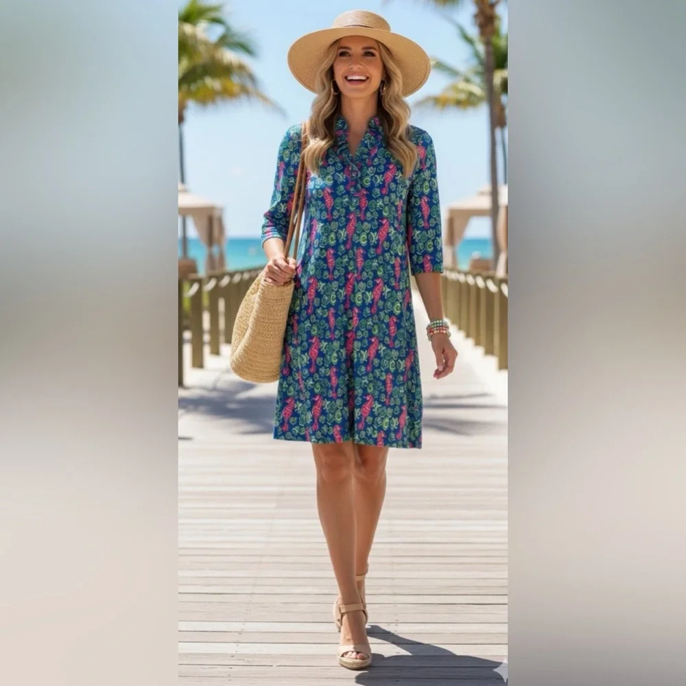 Simply Southern Small Seahorse Seashell Ruffle‎ Collar Dress Women’s
